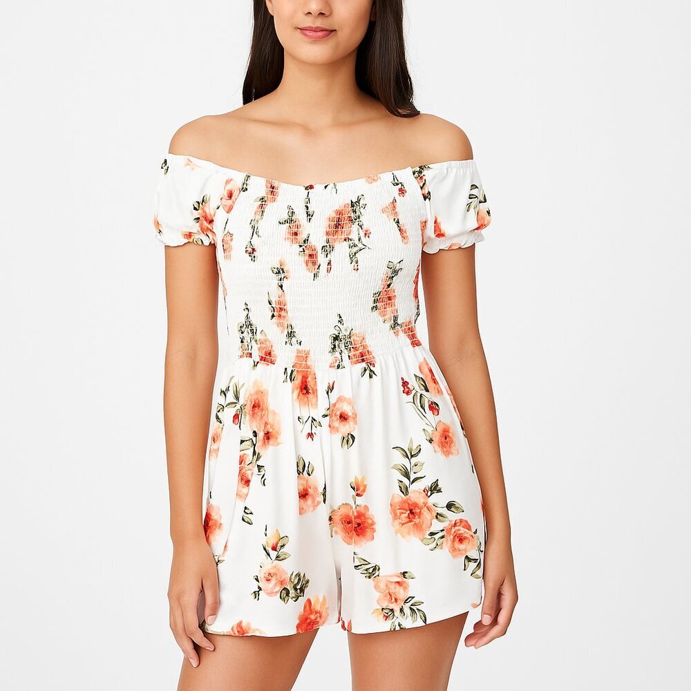 Rue21 Floral Smocked Off Shoulder Romper White Coral Peach Women’s XL